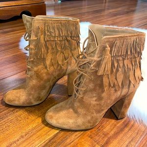 Aquazzura suede nude fringe booties size 36